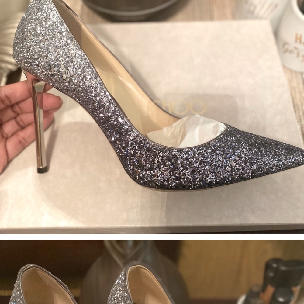 Jimmy Choo Silver Glitter Pointed-Toe Stilettos - Picture 9 of 10